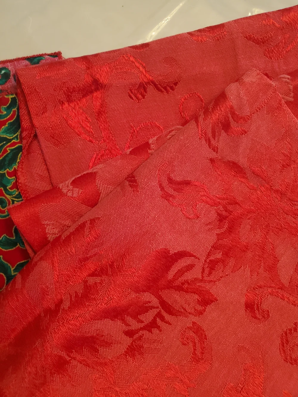 Bright Red Decorative Fabric Set with Green and Gold Scroll Pattern - Unbranded